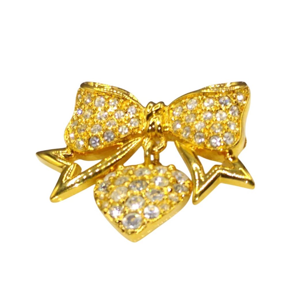 Vintage Swarovski Swan Signed Heart and Bow Brooch, Gold Tone with Clear Crystal